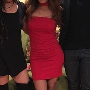 Red choker tube top dress